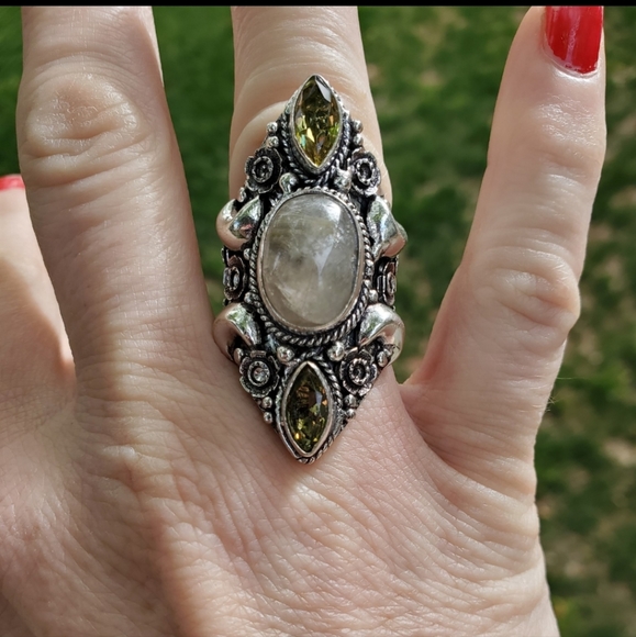 New Golden Rutile and Citrine Crescent Moon 925 Silver Statement Ring. - Picture 4 of 16